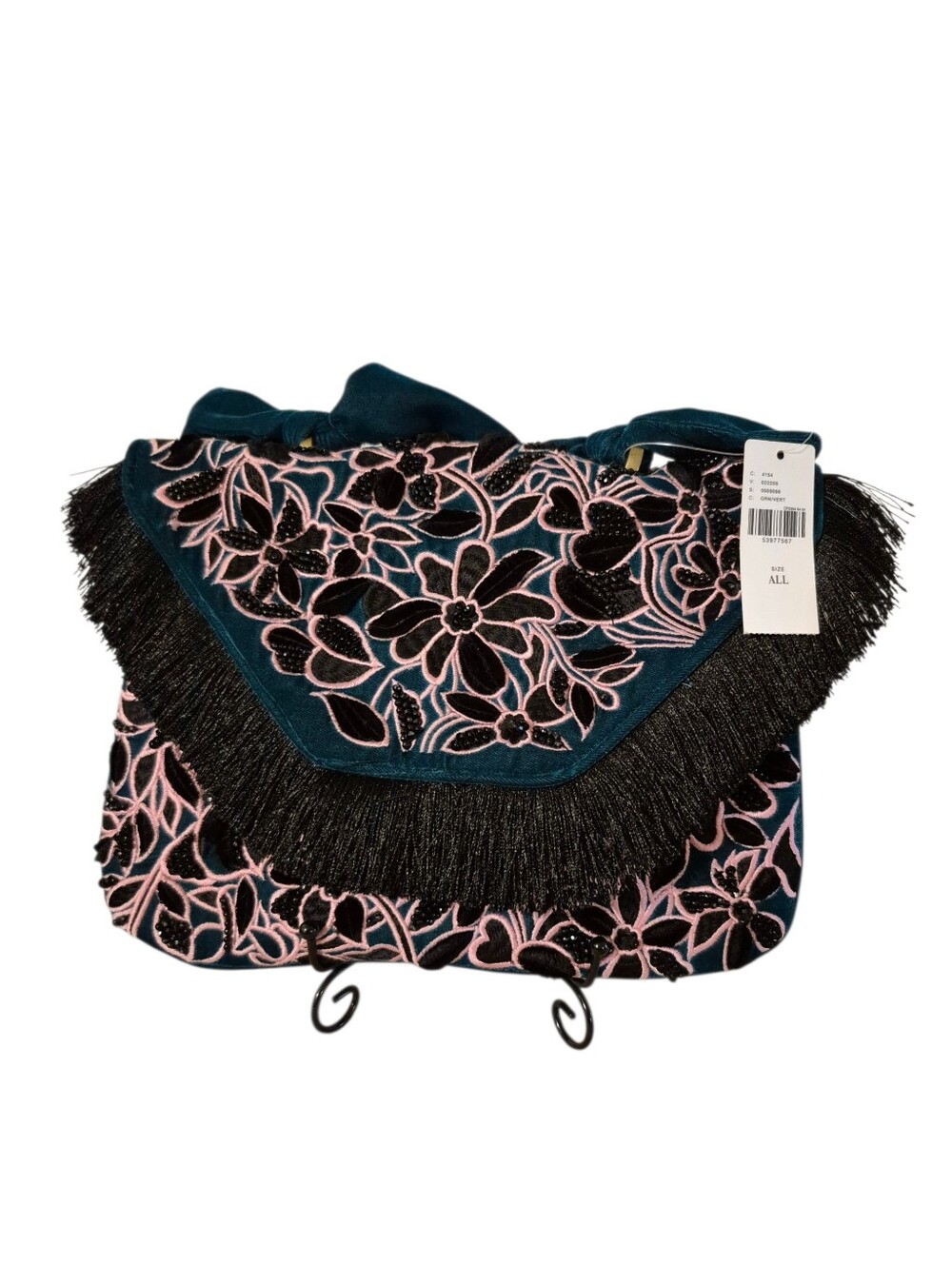 Anthropologie Bag NWT Elegant Floral Teal Clutch With Fringe